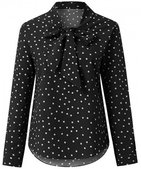 Rash Guards Womens Solid Long Sleeve V-Neck Fancy Tie Chiffon Office Shirt Elegant Tops - Polka-dot-black - CY1949W6R9K