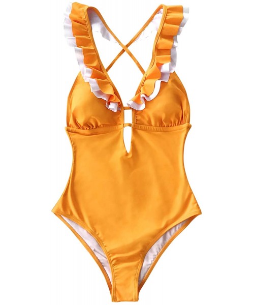 Racing Women's Falbala One Piece Swimsuit Deep V Neck Monokini Swimsuit - Golden - C4194MM8IS5