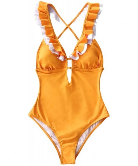 Racing Women's Falbala One Piece Swimsuit Deep V Neck Monokini Swimsuit - Golden - C4194MM8IS5