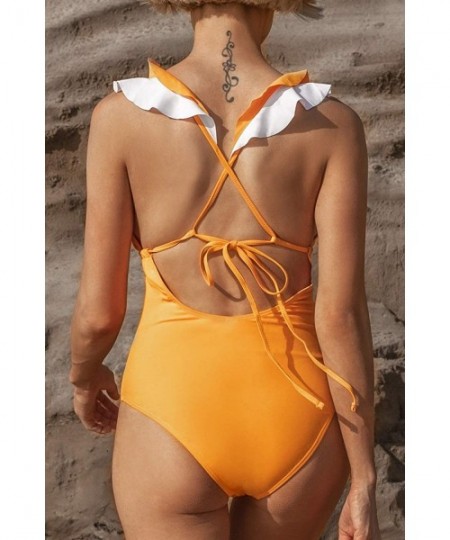 Racing Women's Falbala One Piece Swimsuit Deep V Neck Monokini Swimsuit - Golden - C4194MM8IS5