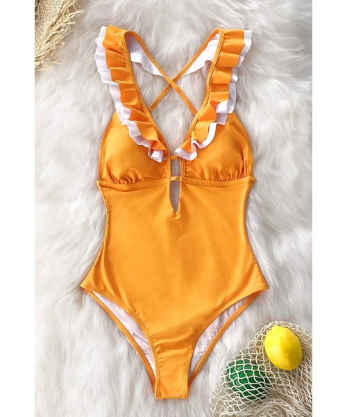 Racing Women's Falbala One Piece Swimsuit Deep V Neck Monokini Swimsuit - Golden - C4194MM8IS5