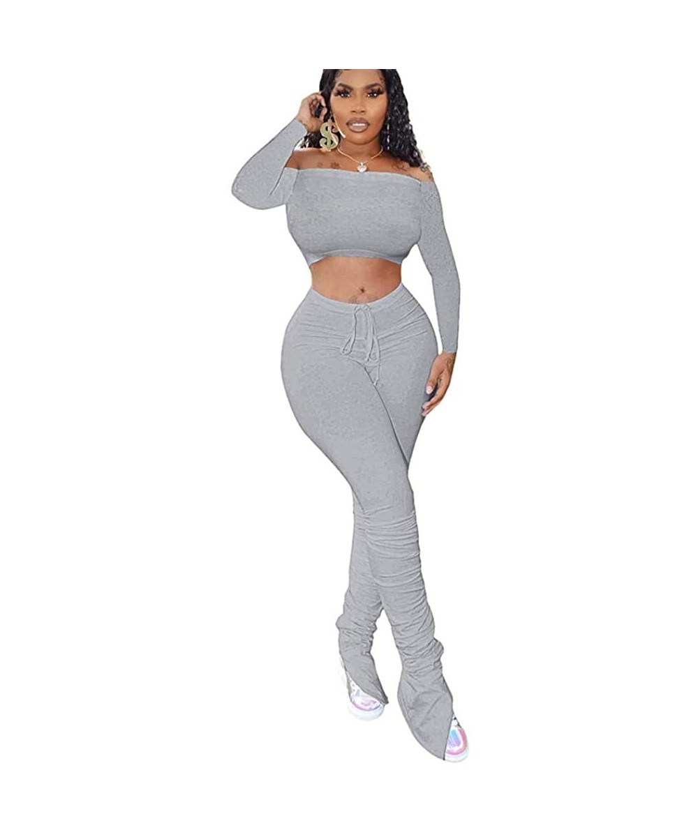 Sets Women's Sexy 2 Piece Outfits Off Shoulder Crop Tops + Split Bodycon Long Pants Set Tracksuit - Bgrey - CA19GK6XC5L