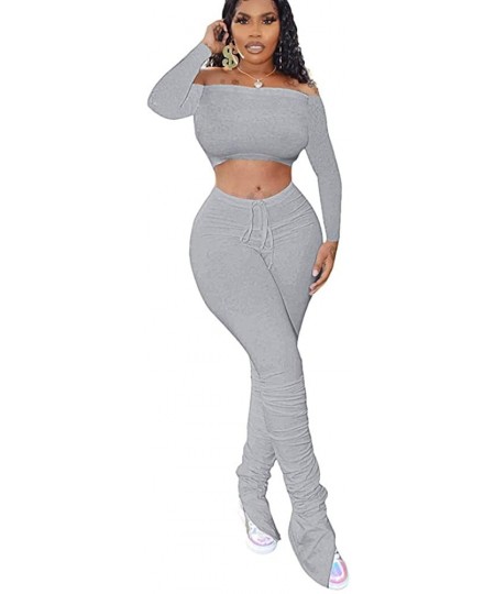 Sets Women's Sexy 2 Piece Outfits Off Shoulder Crop Tops + Split Bodycon Long Pants Set Tracksuit - Bgrey - CA19GK6XC5L