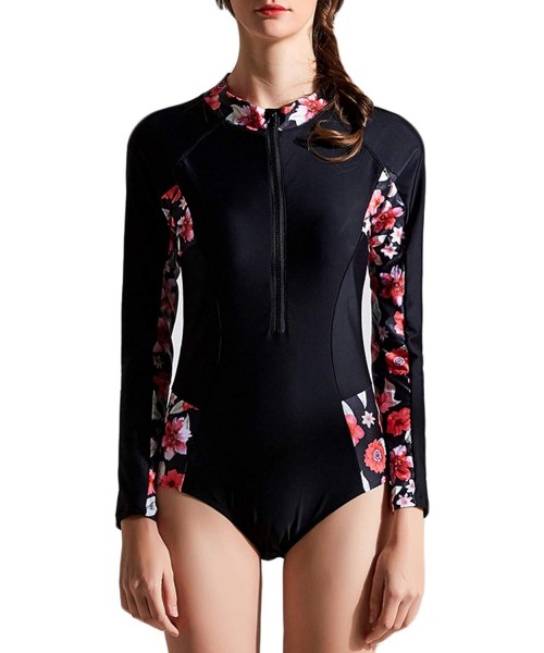 Racing Women's Athletic One Piece Swimsuit Long Sleeve Rash Guard Swimming Bathing Suit Zip-Up Swimwear - Black/Floral 2 - CR...