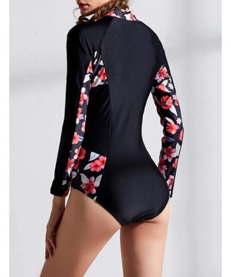 Racing Women's Athletic One Piece Swimsuit Long Sleeve Rash Guard Swimming Bathing Suit Zip-Up Swimwear - Black/Floral 2 - CR...