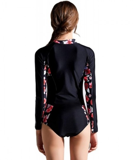 Racing Women's Athletic One Piece Swimsuit Long Sleeve Rash Guard Swimming Bathing Suit Zip-Up Swimwear - Black/Floral 2 - CR...