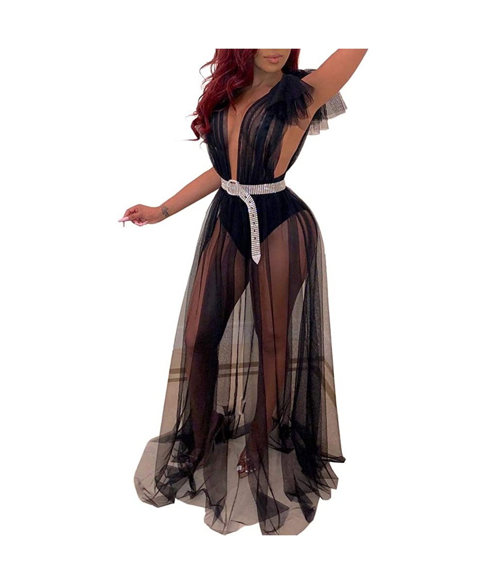 Cover-Ups Womens Sexy Deep V Neck See Through Sheer Mesh Club Maxi Dress Beach Cover Ups - Black - CW18Y6LAKD7