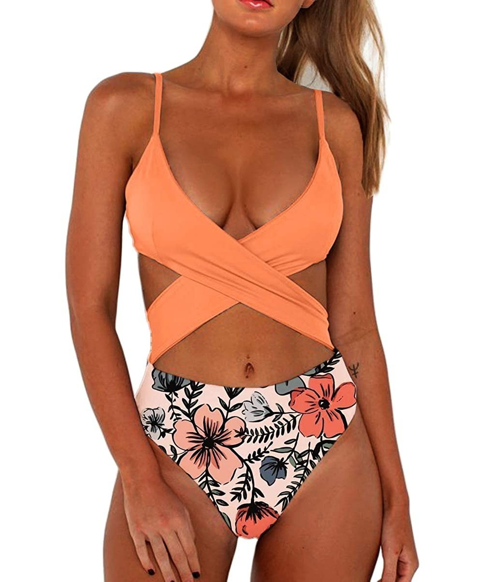 One-Pieces Women's Sexy Criss Cross High Waisted Cut Out One Piece Monokini Swimsuit - Cantaloupe-morning Flory - C7194HQ27R9