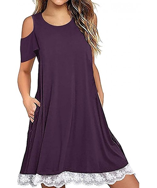 Cover-Ups Women Summer Casual T Shirt Dresses Beach Cover up Plain Dress Loose Swing Dress Pockets - D_purple - C21959ETAU9