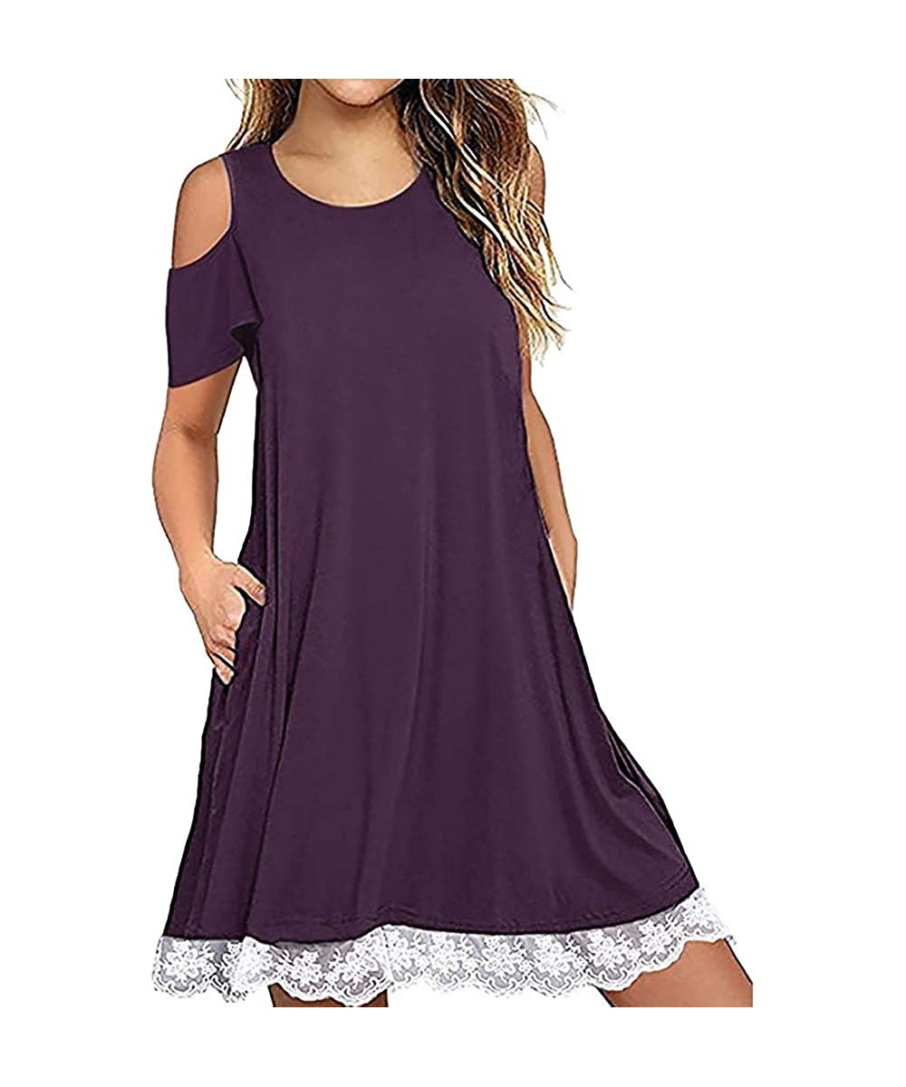 Cover-Ups Women Summer Casual T Shirt Dresses Beach Cover up Plain Dress Loose Swing Dress Pockets - D_purple - C21959ETAU9