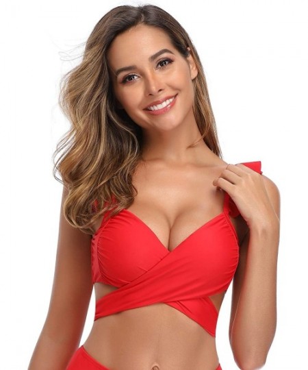 Bottoms Women's Ruffle Push Up Bikini High Waisted Bottoms Two Piece Swimsuits - Top Only - Rose Red - CX18AKEE7D7