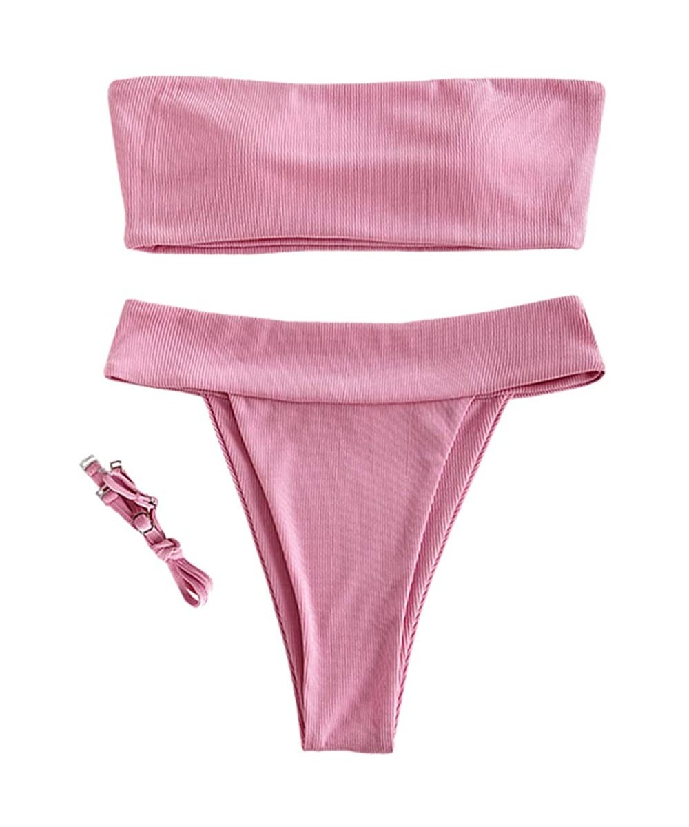 Sets Women's Strapless Ribbed Lace Up High Cut Two Piece Bandeau Bikini Set - Zc-light Pink - C0196ILNM7K