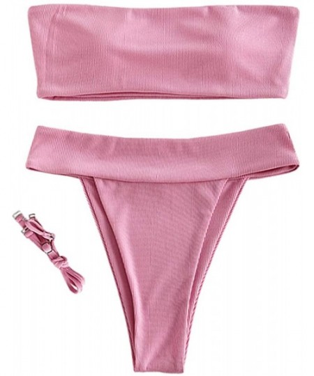 Sets Women's Strapless Ribbed Lace Up High Cut Two Piece Bandeau Bikini Set - Zc-light Pink - C0196ILNM7K