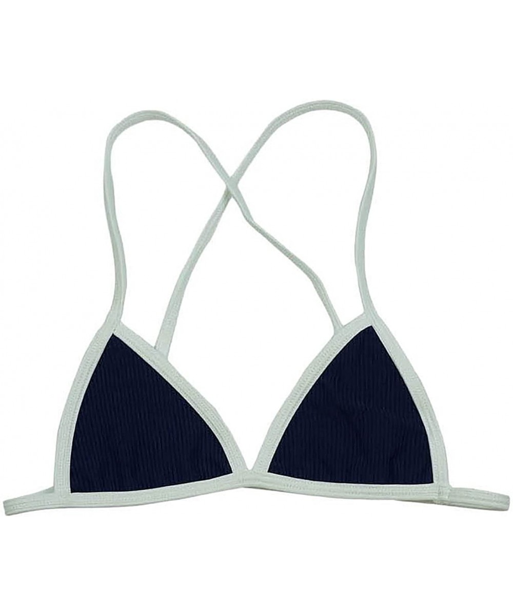 Tops Women's Cross Back or Classic Triangle Double Layered Swim Top Bra Non Padded Wireless - Crossback - Navy Rib - C418CY7327X