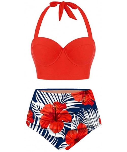 Sets Women Floral Print High Waist Crop Sexy Two Piece Swimwear Halter Bikini Swimsuit - Orange - CP199TTYGWY