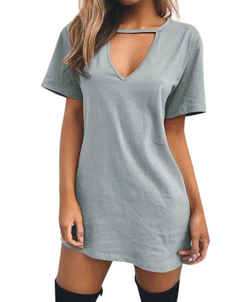 Bottoms Evening Dresses Sexy Casual Loose Mini Dress Short Sleeve Jumper Baggy Party Dress Choker Strap V Neck Dress Grey - C...