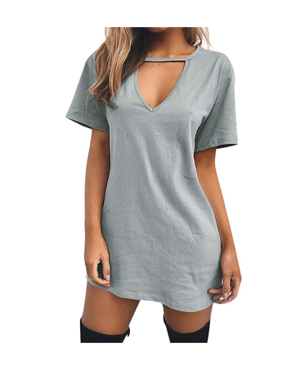 Bottoms Evening Dresses Sexy Casual Loose Mini Dress Short Sleeve Jumper Baggy Party Dress Choker Strap V Neck Dress Grey - C...