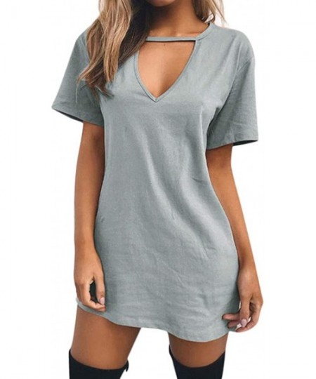 Bottoms Evening Dresses Sexy Casual Loose Mini Dress Short Sleeve Jumper Baggy Party Dress Choker Strap V Neck Dress Grey - C...