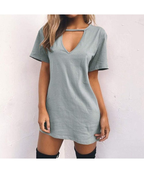 Bottoms Evening Dresses Sexy Casual Loose Mini Dress Short Sleeve Jumper Baggy Party Dress Choker Strap V Neck Dress Grey - C...