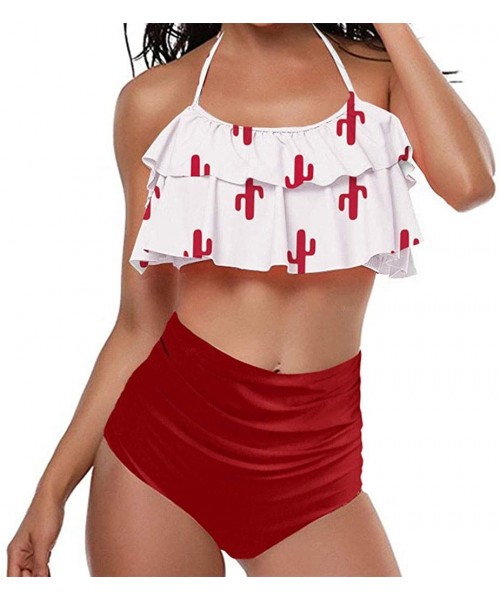 Cover-Ups Swimsuit for Women Two Pieces Top Ruffled Backless Racerback with High Waisted Bottom Tankini Set - N3-red - CR193W...