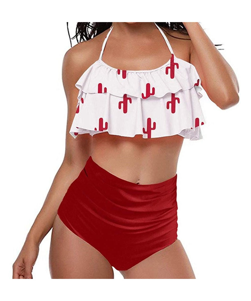 Cover-Ups Swimsuit for Women Two Pieces Top Ruffled Backless Racerback with High Waisted Bottom Tankini Set - N3-red - CR193W...