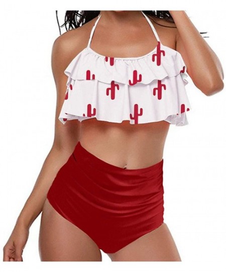 Cover-Ups Swimsuit for Women Two Pieces Top Ruffled Backless Racerback with High Waisted Bottom Tankini Set - N3-red - CR193W...