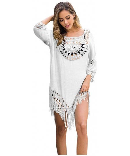 Cover-Ups Women's Crochet Swimsuit Beach Cover Up Sexy Cutout Boho Floral 3/4 Sleeve Bikini Beachwear Bathing Suit - White - ...