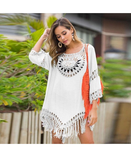 Cover-Ups Women's Crochet Swimsuit Beach Cover Up Sexy Cutout Boho Floral 3/4 Sleeve Bikini Beachwear Bathing Suit - White - ...