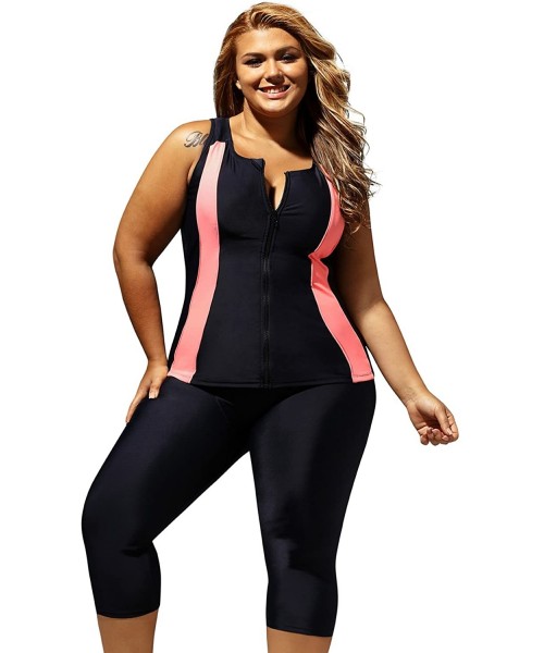 Bottoms Women Plus Size Surf Swimwear Rash Guard Swim Capris Tankini Swimsuit - Black Pink - CF12NZGXJ73