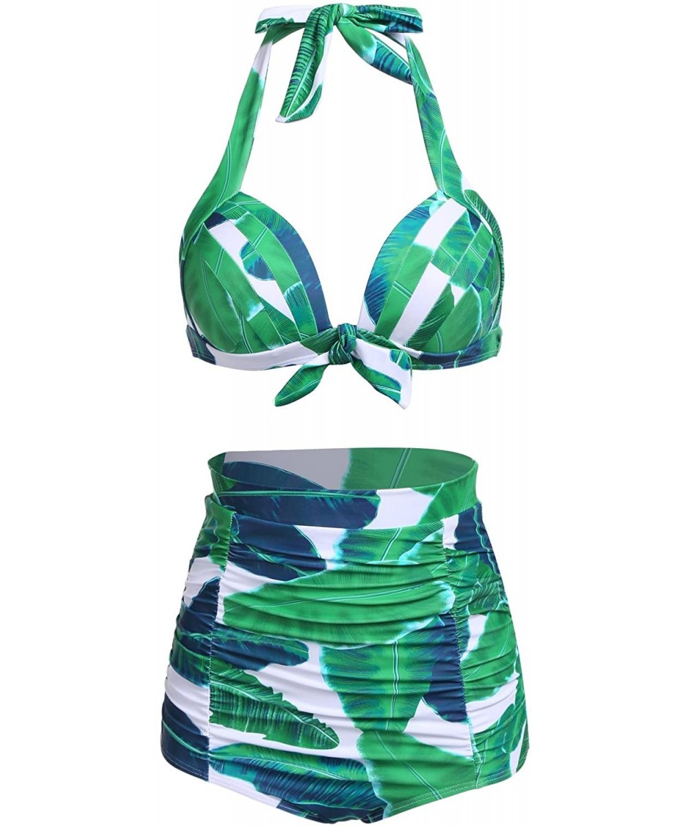 Sets Womens Two Piece Swimsuit Halter Tropical Leaves Print Bikini Sets - 22_tropical Green Leaves - CE18COL7H8T