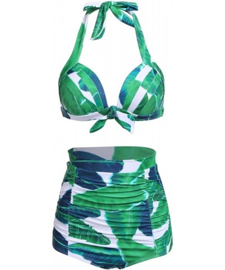 Sets Womens Two Piece Swimsuit Halter Tropical Leaves Print Bikini Sets - 22_tropical Green Leaves - CE18COL7H8T