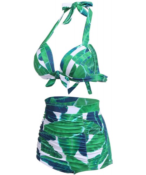 Sets Womens Two Piece Swimsuit Halter Tropical Leaves Print Bikini Sets - 22_tropical Green Leaves - CE18COL7H8T