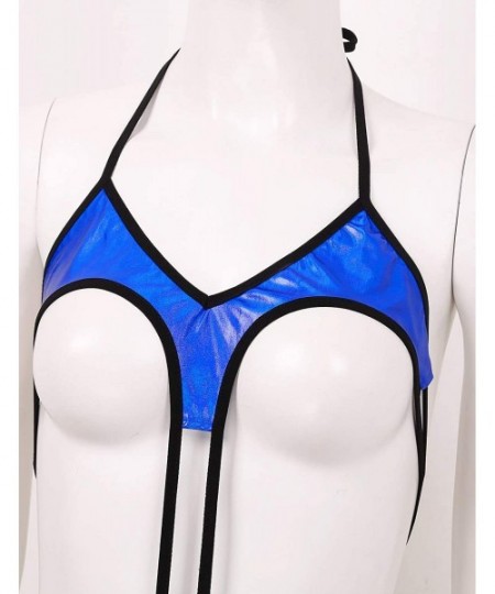 One-Pieces Womens One Piece Shiny Leather Lingerie Haltered Open Bust Slingshot Monokini Swimsuit - Blue - CY19CITEMW7