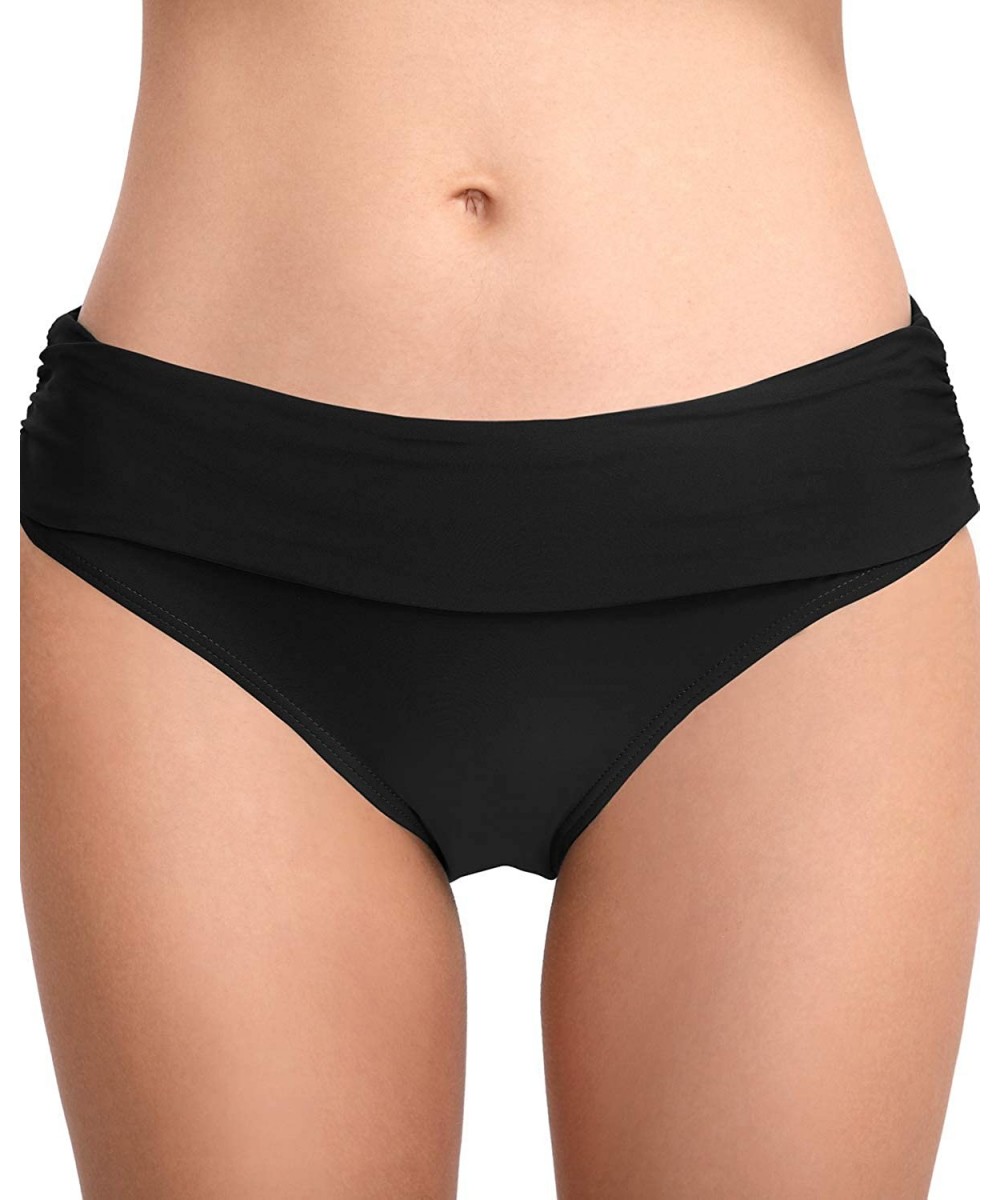 Bottoms Women Solid Color Ruched Side Bikini Bottom Foldable Waistband Swim Shorts - Black - CD193RARNDA