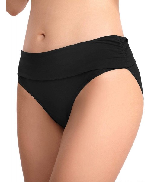 Bottoms Women Solid Color Ruched Side Bikini Bottom Foldable Waistband Swim Shorts - Black - CD193RARNDA