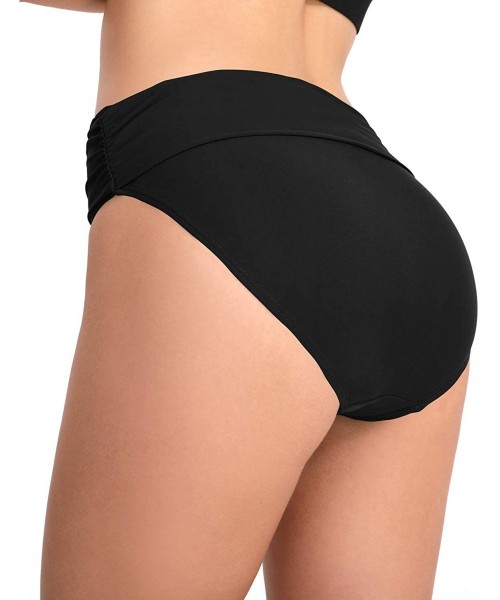 Bottoms Women Solid Color Ruched Side Bikini Bottom Foldable Waistband Swim Shorts - Black - CD193RARNDA