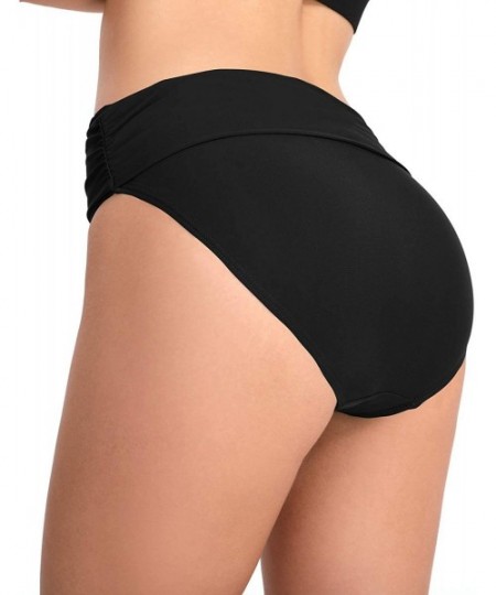 Bottoms Women Solid Color Ruched Side Bikini Bottom Foldable Waistband Swim Shorts - Black - CD193RARNDA