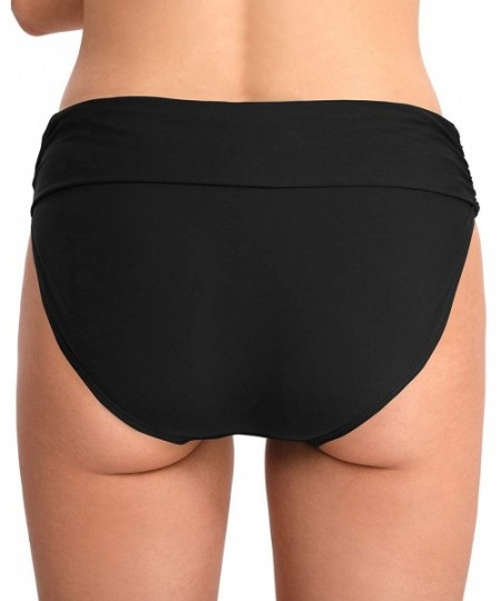 Bottoms Women Solid Color Ruched Side Bikini Bottom Foldable Waistband Swim Shorts - Black - CD193RARNDA