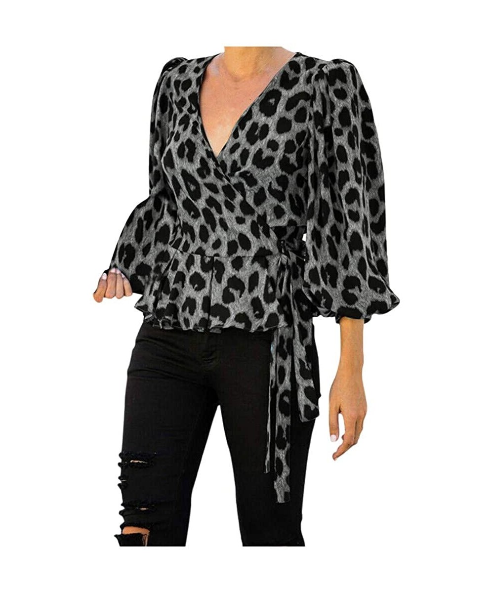 Board Shorts Women Leopard Print Shirt Chain Snake Skin Print Long Sleeve Button Down Tops - Gary - CJ1945KQ6WG