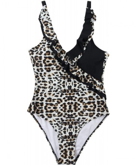 One-Pieces Women Tummy Control V Neck Ruffle High Waisted One Piece Swimsuits - Leopard - C7193TK76C5