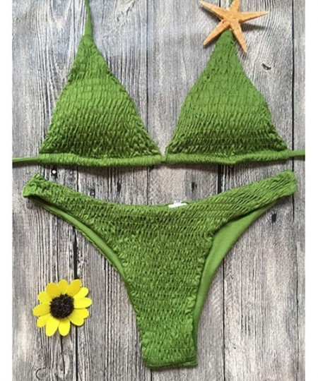 Sets Bikini Sets Pleated Halter Triangle Tops Solid Lace Up Two Pieces Tie Swimsuits Bathing Suits - Green - CF194AGGDNH