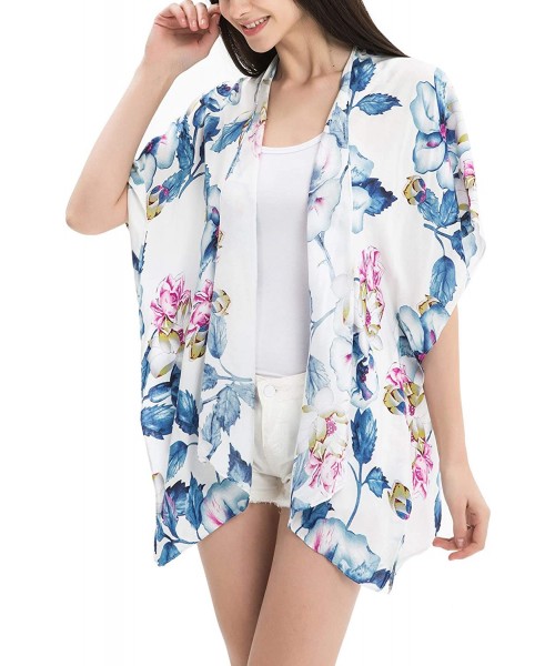 Cover-Ups Women Floral Kimono Cardigan Open Front Beach Cover Up Chiffon Casual Loose Tops - White_floral 04 - CC190ETSRSH