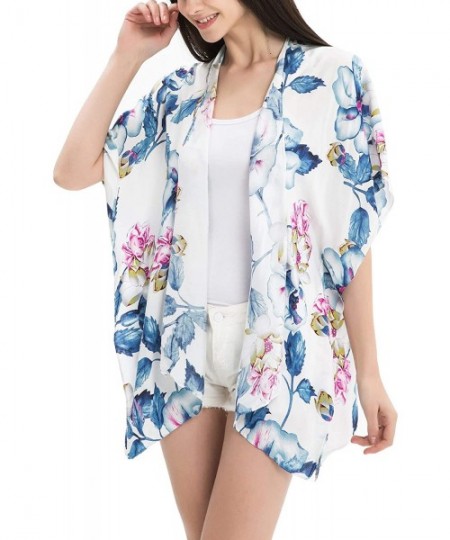 Cover-Ups Women Floral Kimono Cardigan Open Front Beach Cover Up Chiffon Casual Loose Tops - White_floral 04 - CC190ETSRSH