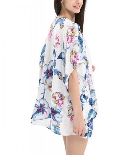 Cover-Ups Women Floral Kimono Cardigan Open Front Beach Cover Up Chiffon Casual Loose Tops - White_floral 04 - CC190ETSRSH