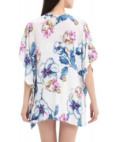 Cover-Ups Women Floral Kimono Cardigan Open Front Beach Cover Up Chiffon Casual Loose Tops - White_floral 04 - CC190ETSRSH