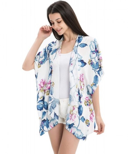 Cover-Ups Women Floral Kimono Cardigan Open Front Beach Cover Up Chiffon Casual Loose Tops - White_floral 04 - CC190ETSRSH