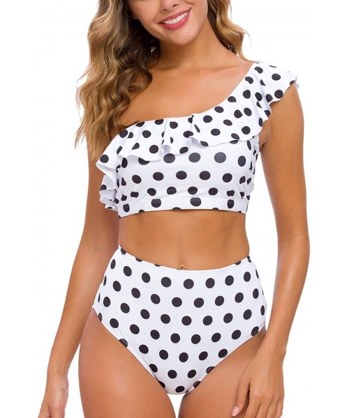 One-Pieces Women Two Piece Bikini Sets High Waisted Swimsuit Ruffle One Shoulder Beachwear - Polk Dot - CI18ZTHKT4Q