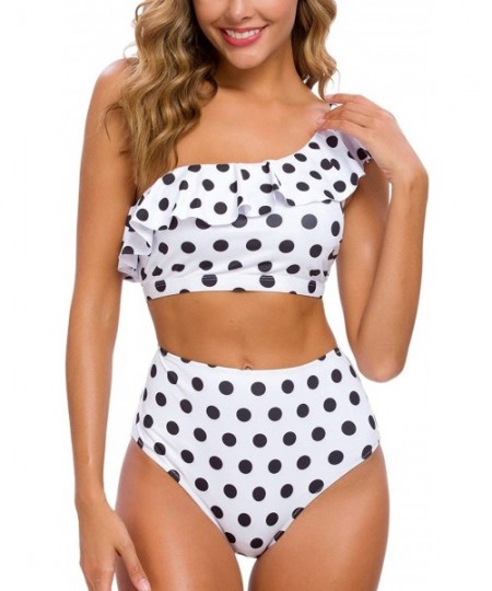 One-Pieces Women Two Piece Bikini Sets High Waisted Swimsuit Ruffle One Shoulder Beachwear - Polk Dot - CI18ZTHKT4Q