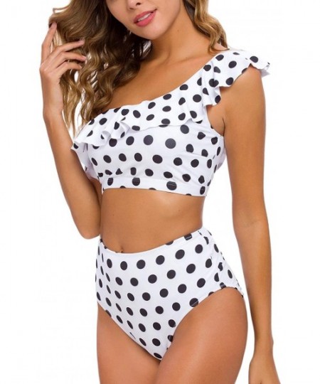 One-Pieces Women Two Piece Bikini Sets High Waisted Swimsuit Ruffle One Shoulder Beachwear - Polk Dot - CI18ZTHKT4Q