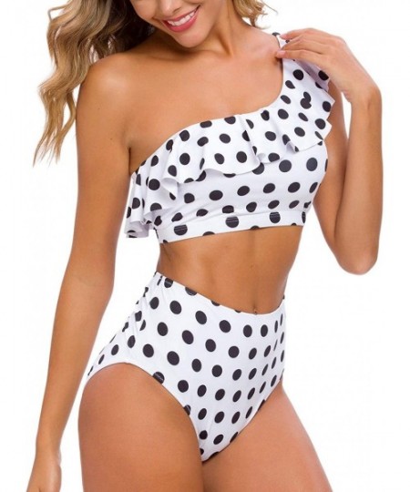 One-Pieces Women Two Piece Bikini Sets High Waisted Swimsuit Ruffle One Shoulder Beachwear - Polk Dot - CI18ZTHKT4Q